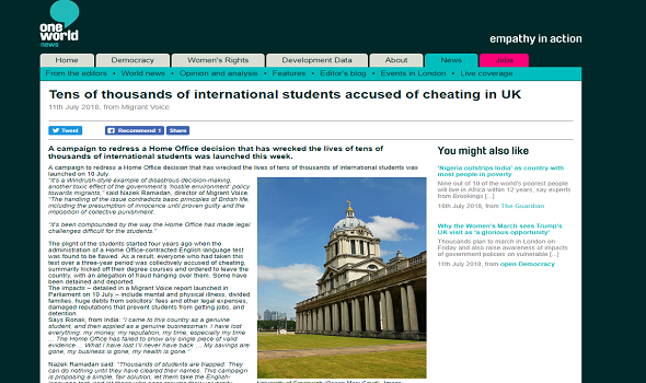  Migrant Voice - One World reports on MV international student campaign