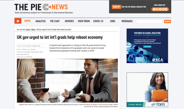  Migrant Voice - PIE News covers MV's call for policy change on international students